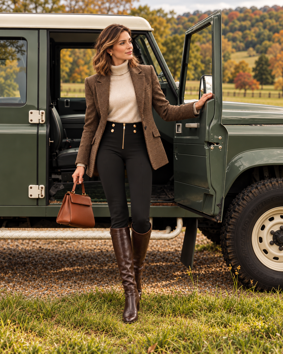 Freddy WR.UP® black military button trousers styled with a tweed blazer and knee-high boots in the countryside