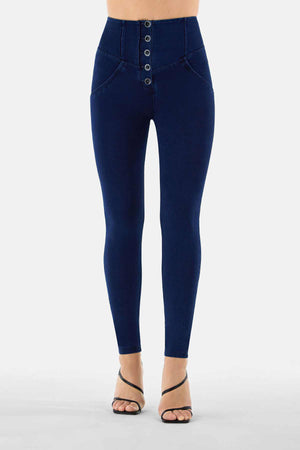 Dark Denim 5 Button Shaping Jeans – Extra High Waist, Full Length, Blue Stitch – view 2