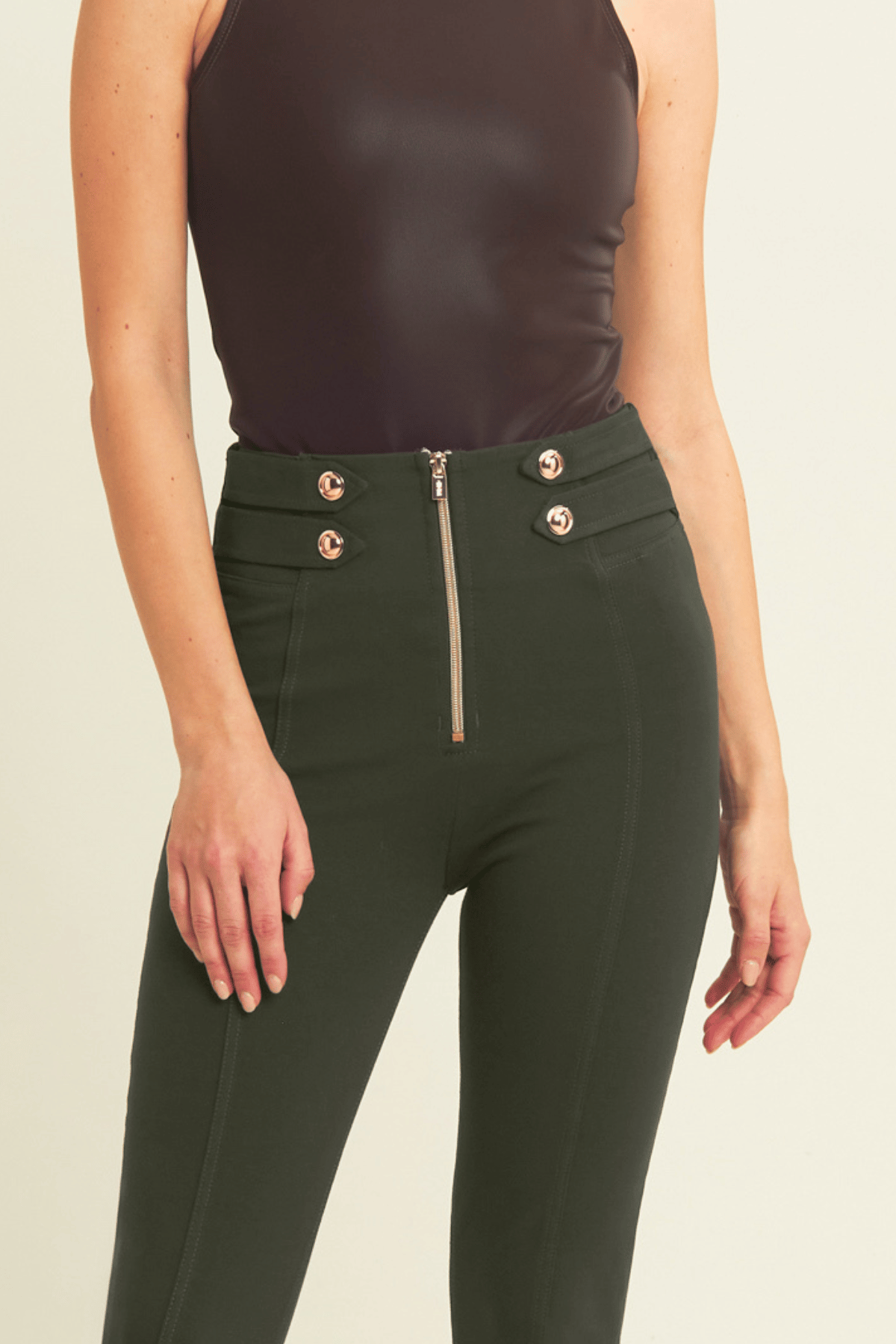 Olive Military Button Skinny Trousers – High Waist, Ankle Length – view 2