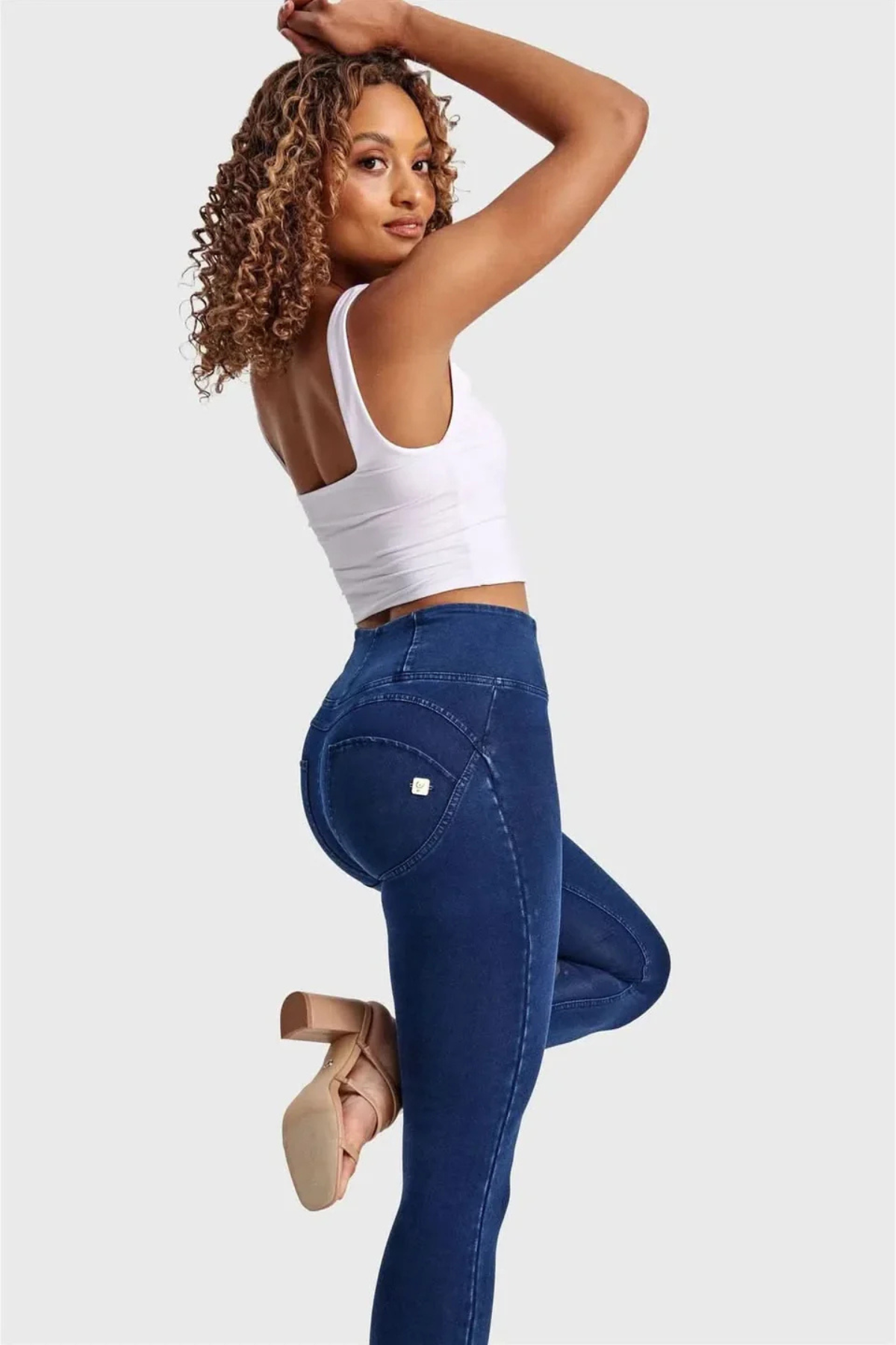 Dark Denim Skinny Shaping Jeans – High Waist, Full Length, Blue Stitch – view 2