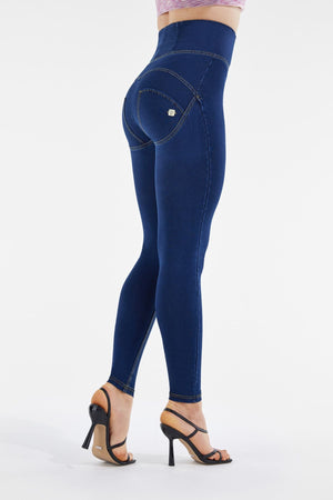 Dark Denim Skinny Shaping Jeans – Extra High Waist, Full Length, Yellow Stitch – view 3