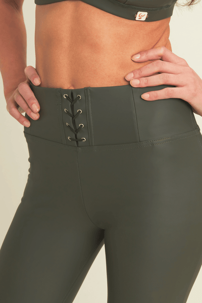 Lace Up Front Detail Leather High Waist Deep Olive Green Ankle Length