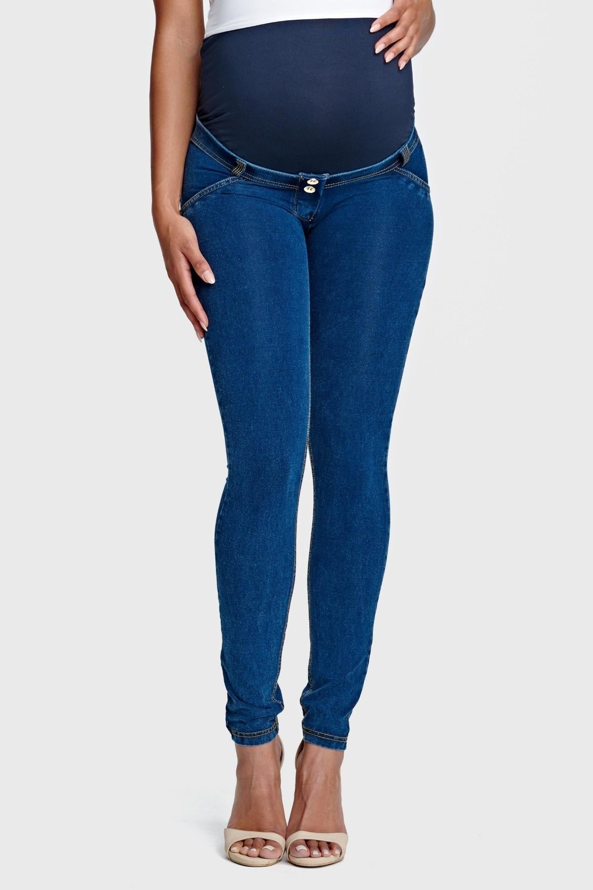 Dark Denim Maternity Jeans – Full Length, Yellow Stitch – view 3