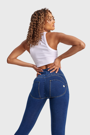 Dark Denim Skinny Shaping Jeans – High Waist, Full Length, Yellow Stitch – view 3