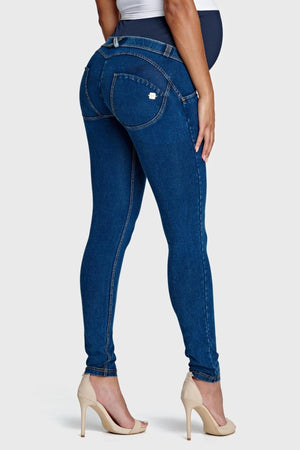 Dark Denim Maternity Jeans – Full Length, Yellow Stitch – view 2
