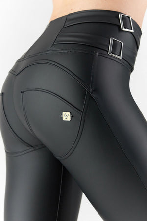 Buckle Faux Leather Leggings – Extra High Waist, Full Length – view 2