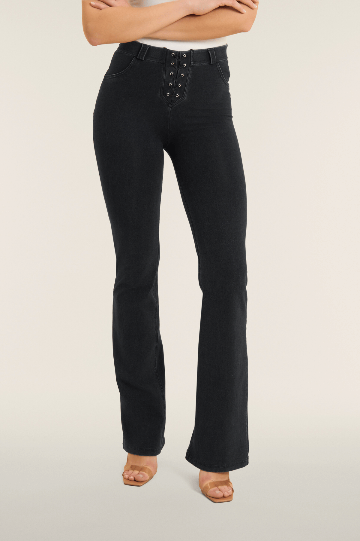 Black Denim Lace-Up Flare Jeans – High Waist – view 2