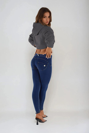 Dark Denim Skinny Shaping Jeans – Mid Rise, Full Length, Yellow Stitch – view 3