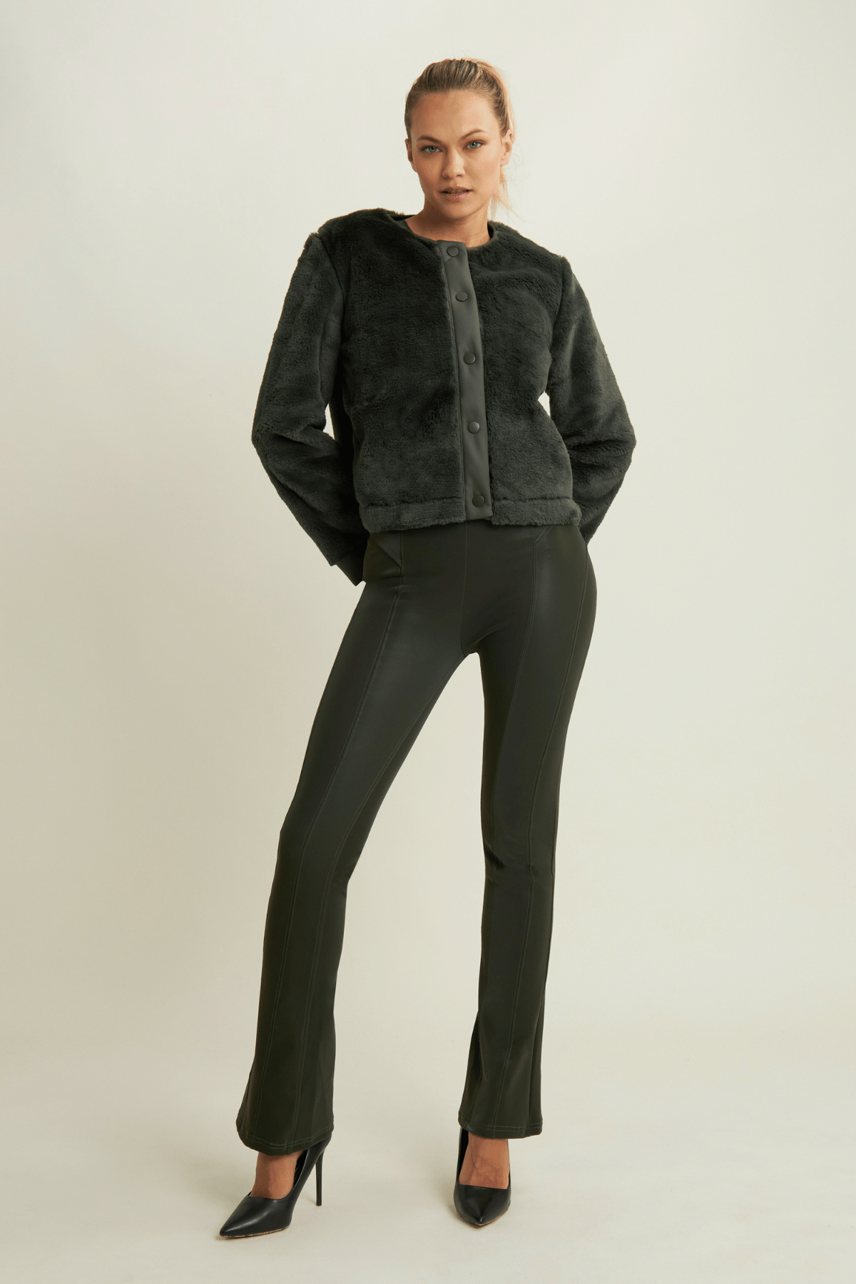 Olive Velvet Mini Flare Trousers – High Waist – view 2