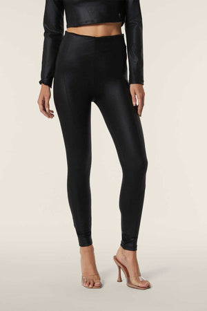 Metallic Wet Look Faux Leather Leggings – High Waist, Side Zip – view 3