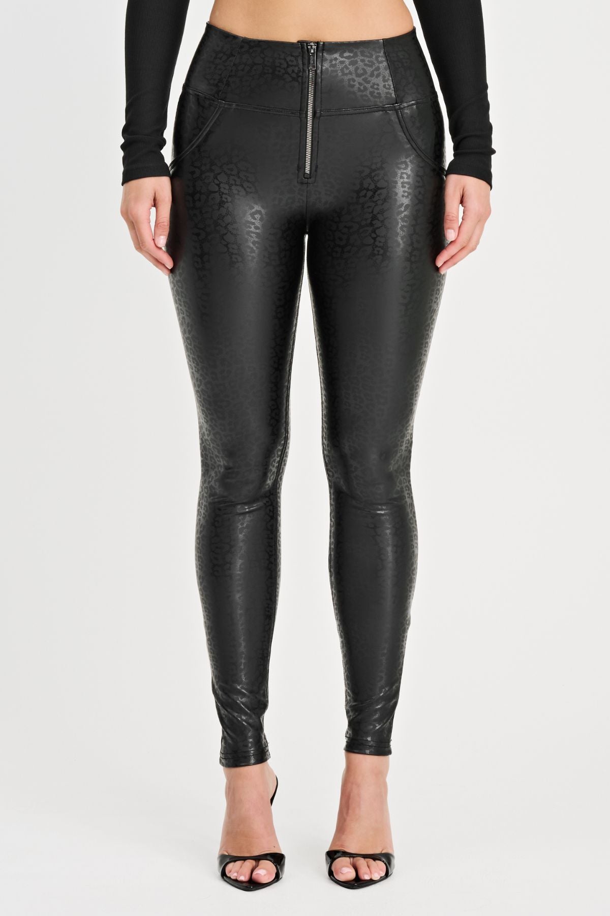 Black Leopard Print Faux Leather Leggings – High Waist, Full Length – view 9