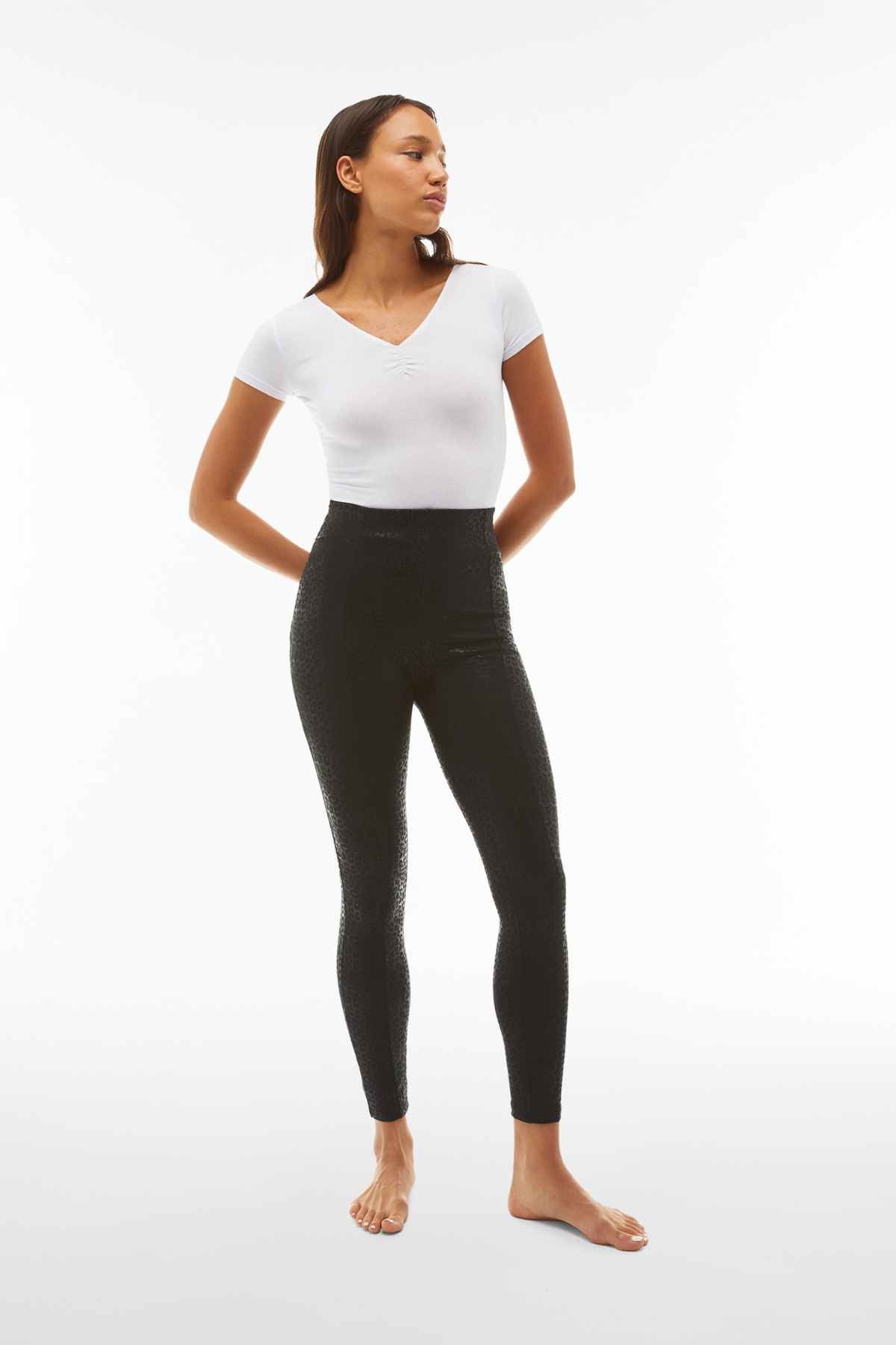 Black Leopard Print Metallic Trousers – Extra High Waist, Full Length – view 4