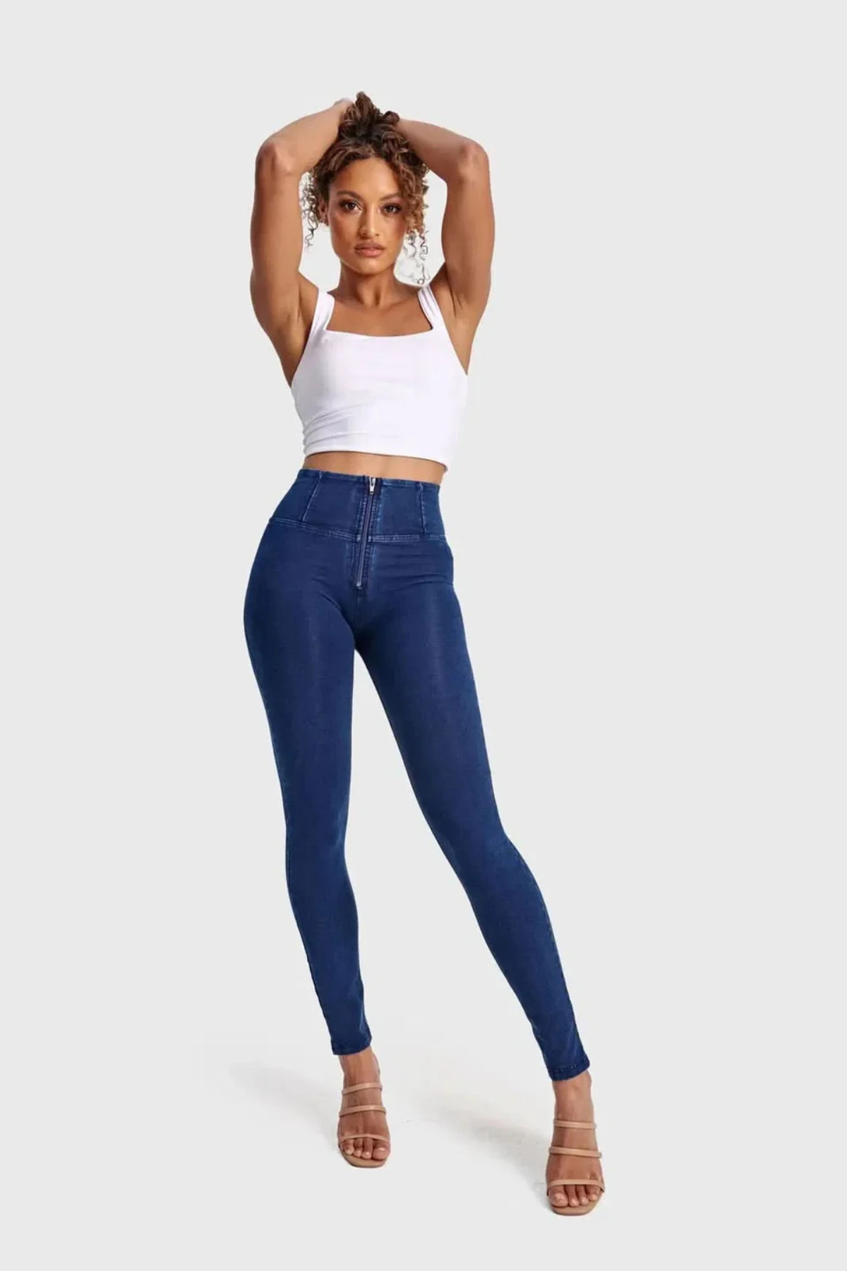Dark Denim Skinny Shaping Jeans – High Waist, Full Length, Blue Stitch – view 3