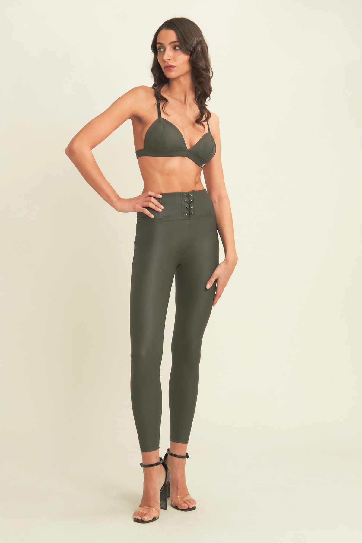 Olive Lace-Up Faux Leather Leggings – High Waist, Ankle Length – view 6