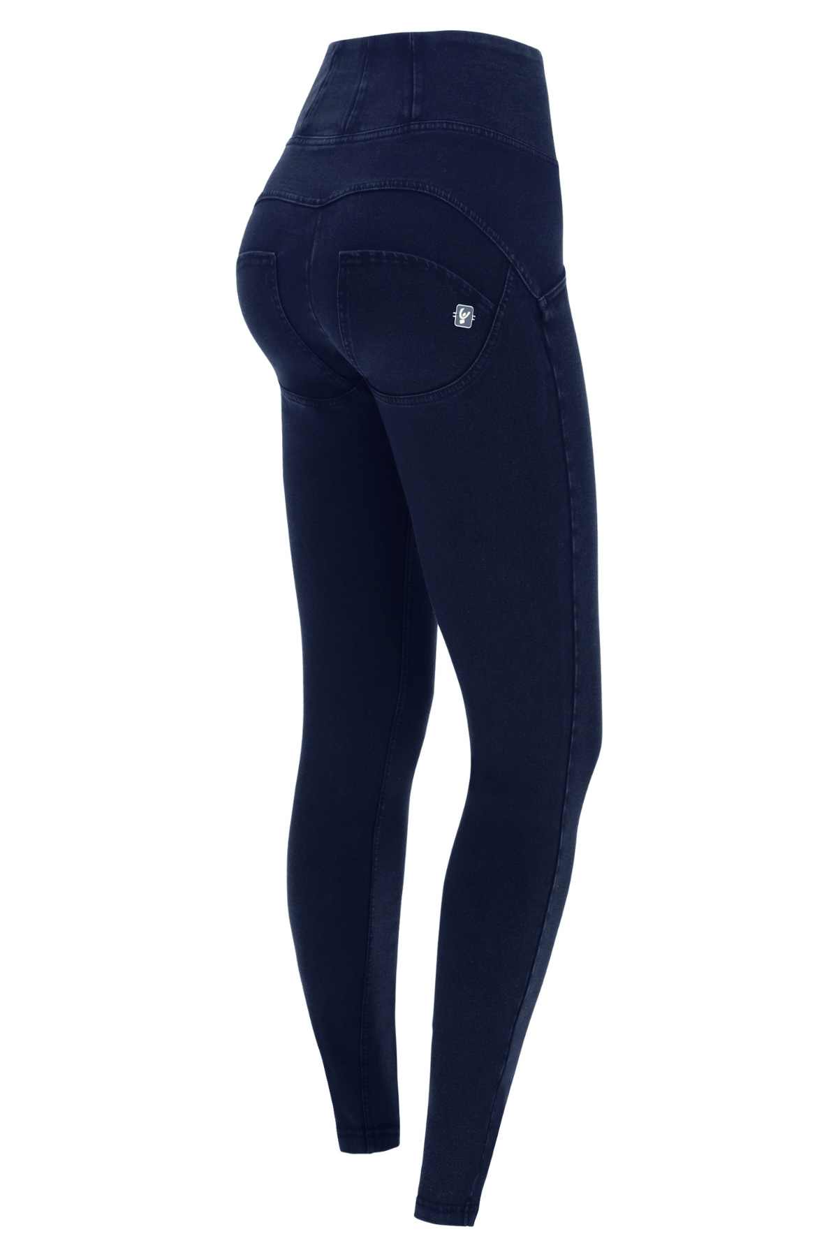 Dark Denim 5 Button Shaping Jeans – Extra High Waist, Full Length, Blue Stitch – view 5
