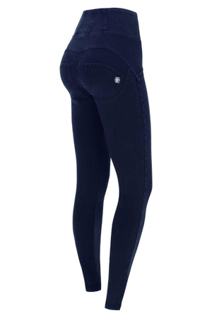 Dark Denim 5 Button Shaping Jeans – Extra High Waist, Full Length, Blue Stitch – view 5
