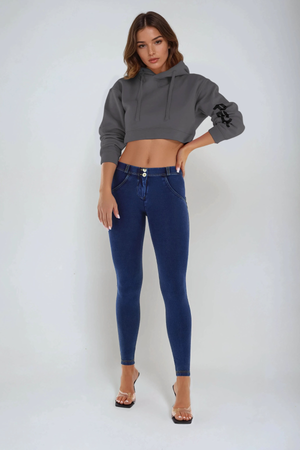 Dark Denim Skinny Shaping Jeans – Mid Rise, Full Length, Yellow Stitch – view 2