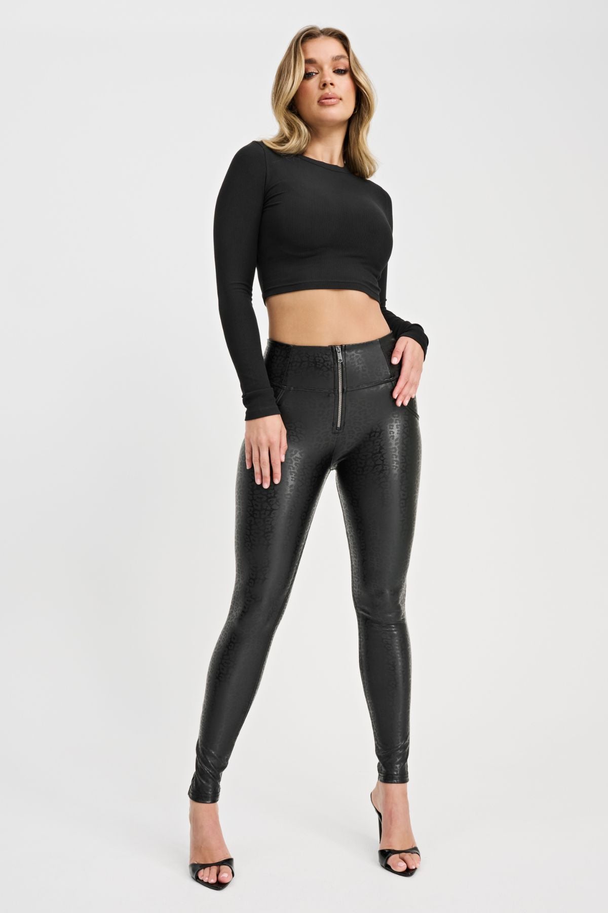 Black Leopard Print Faux Leather Leggings – High Waist, Full Length – view 8