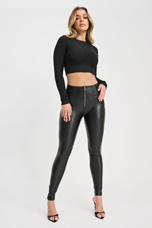 Black Leopard Print Faux Leather Leggings – High Waist, Full Length – view 8
