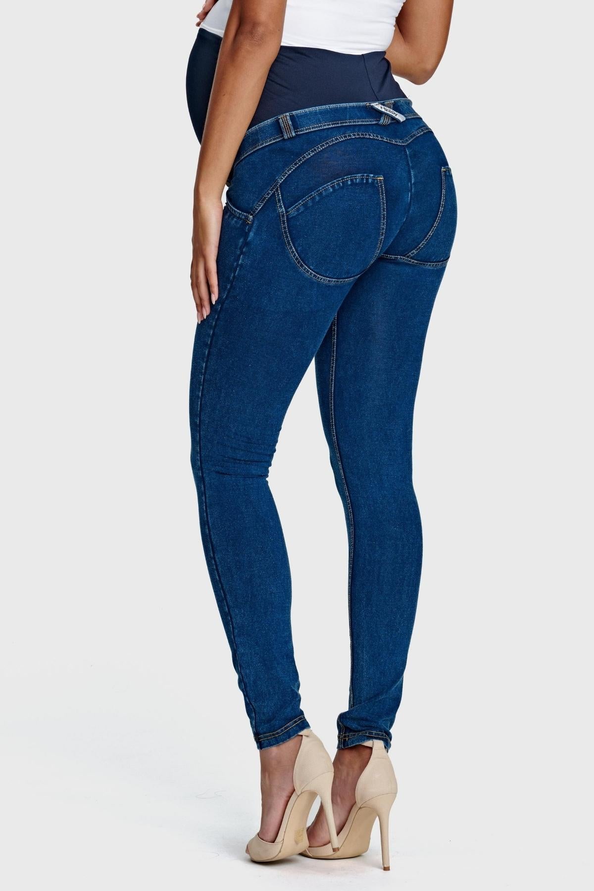Dark Denim Maternity Jeans – Full Length, Yellow Stitch – view 4