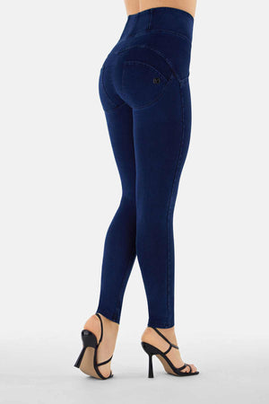 Dark Denim 5 Button Shaping Jeans – Extra High Waist, Full Length, Blue Stitch – view 4