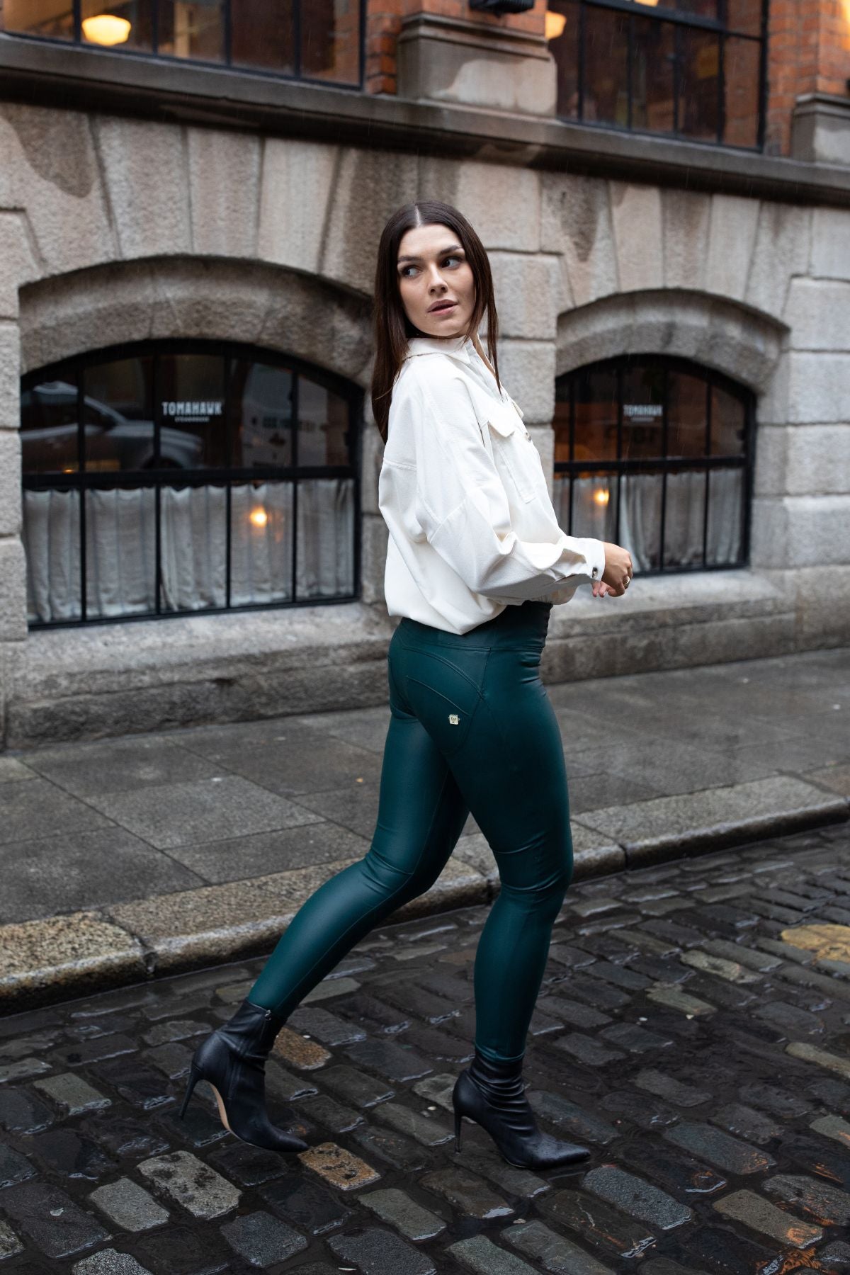 Bottle Green Faux Leather Trousers – High Waist, Full Length – view 2