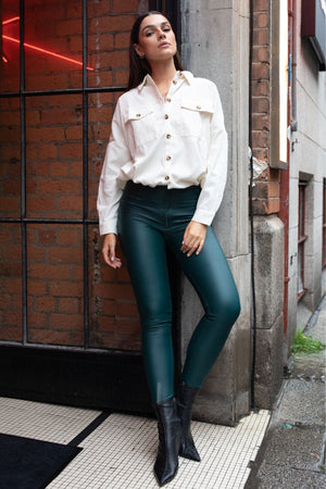 Bottle Green Faux Leather Trousers – High Waist, Full Length – view 3