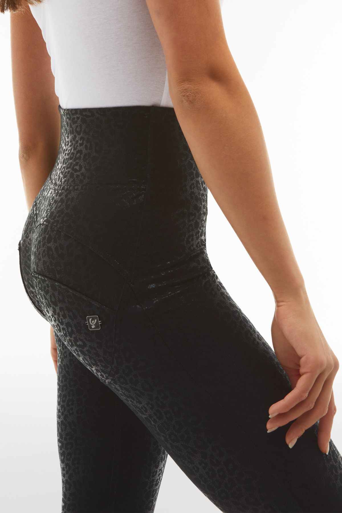 Black Leopard Print Metallic Trousers – Extra High Waist, Full Length – view 2