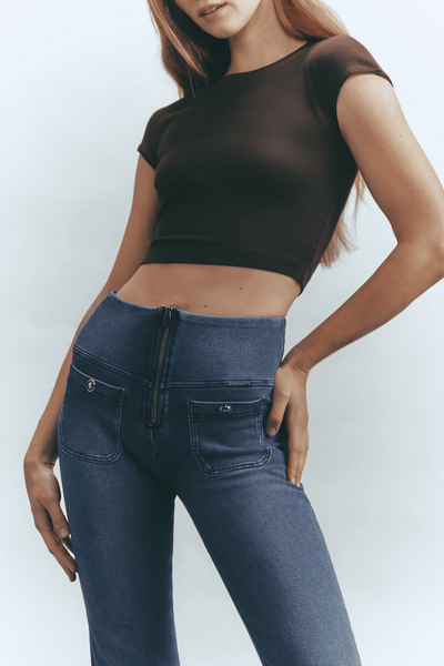 Relaxed Flare Bootcut Denim with Gold Front Detail