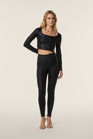 Metallic Wet Look Faux Leather Leggings – High Waist, Side Zip – view 6