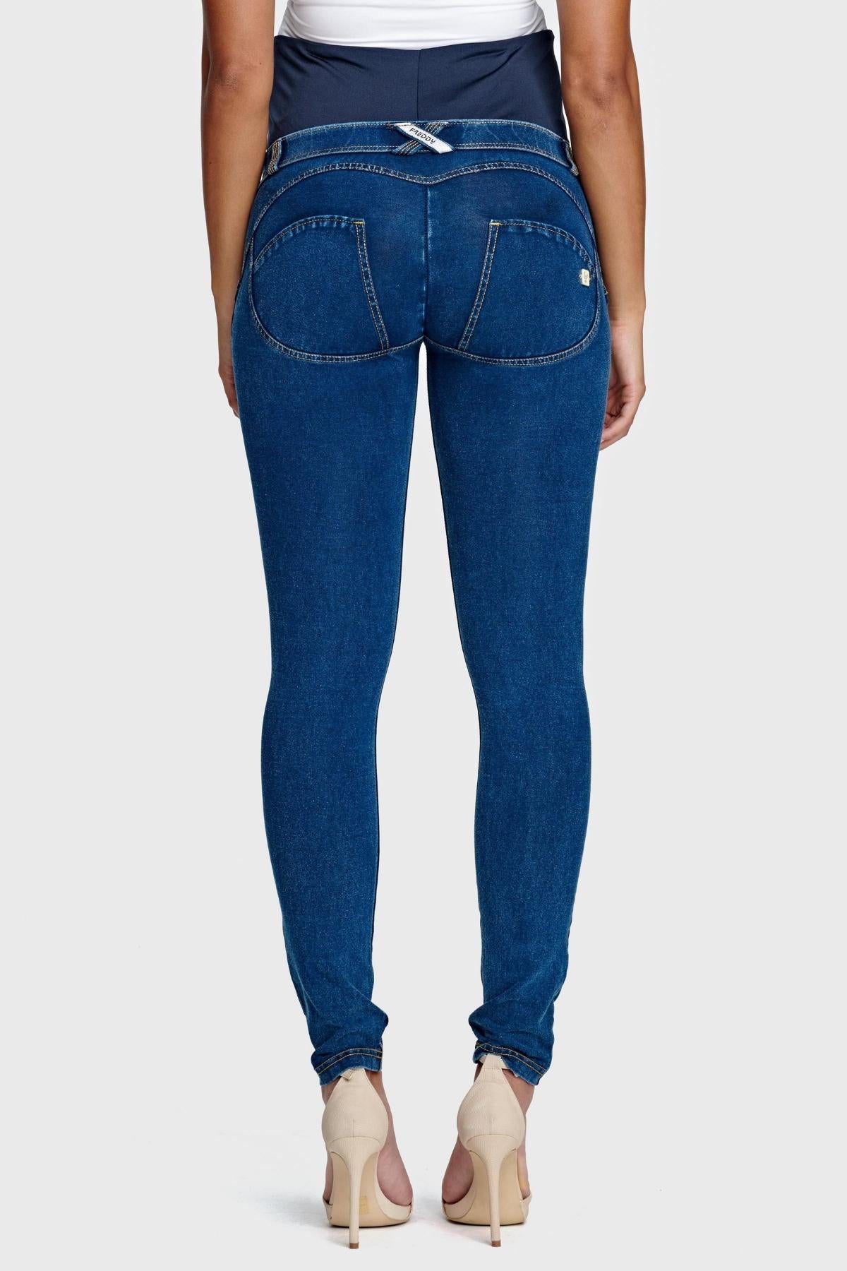 Dark Denim Maternity Jeans – Full Length, Yellow Stitch – view 5