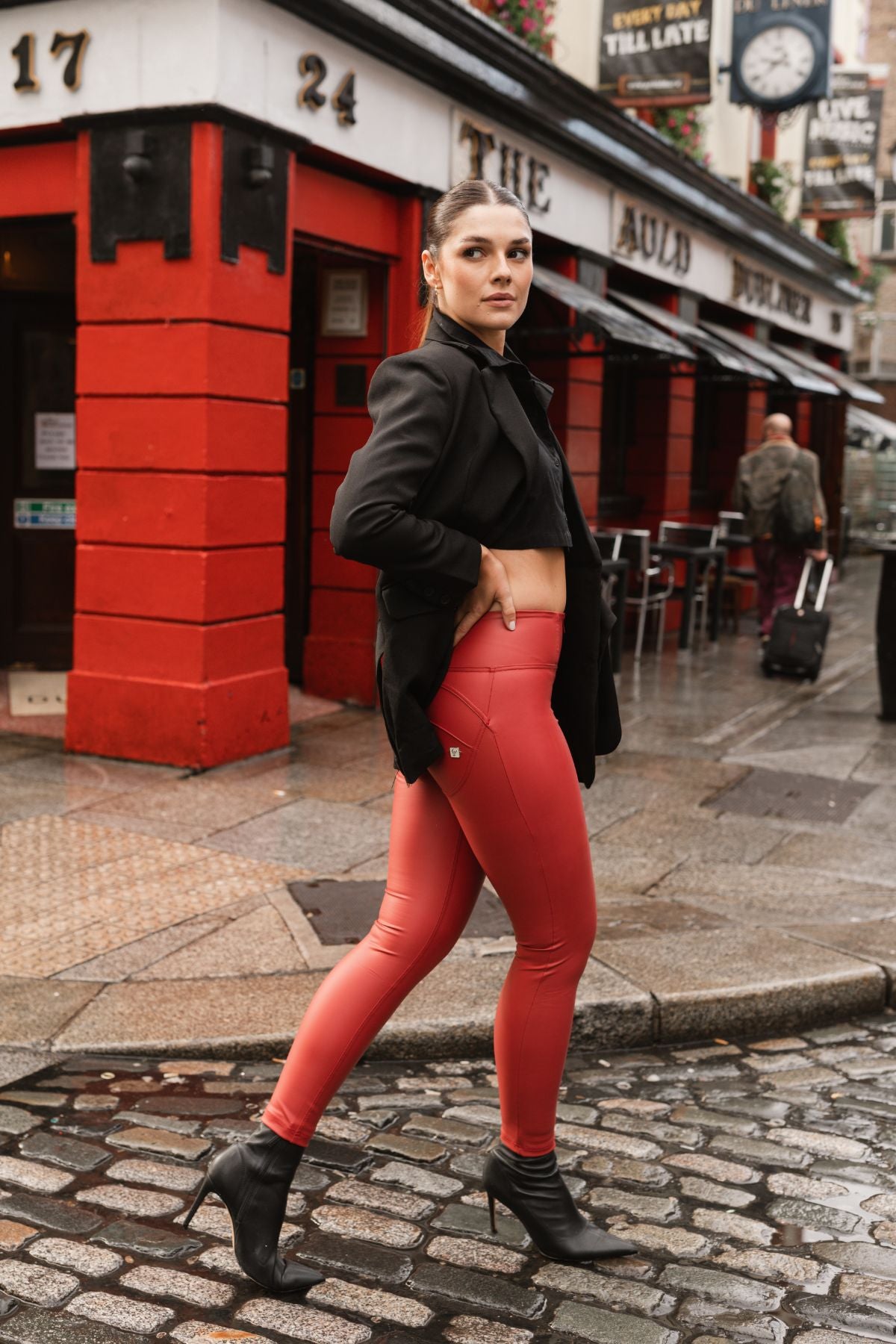 Red Faux Leather Leggings – High Waist, Ankle Length – view 2