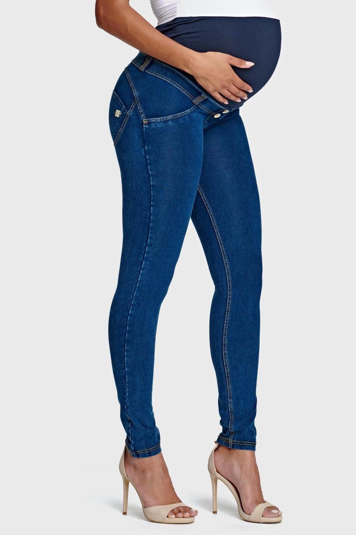 Dark Denim Maternity Jeans – Full Length, Yellow Stitch – view 6