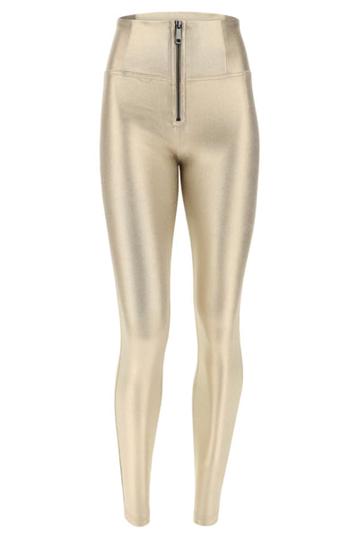 Gold Metallic Faux Leather High-Waist Full-Length Pants – Party-Ready Glam