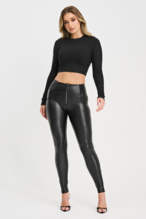 Black Leopard Print Faux Leather Leggings – High Waist, Full Length – view 5