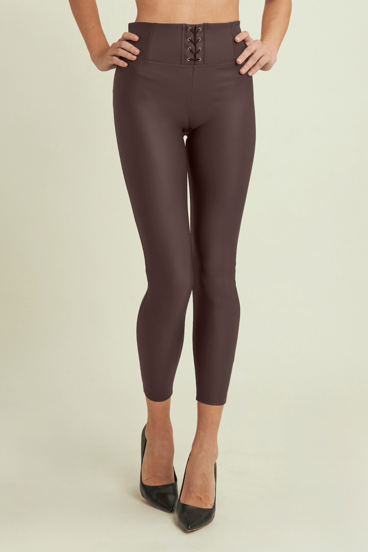 Chocolate Brown Lace-Up Faux Leather Trousers – High Waist, Ankle Length – view 2