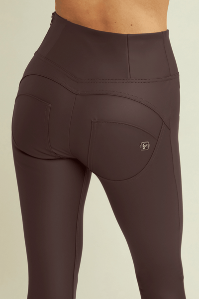Lace Up Front Detail Leather High Waist Chocolate Brown Ankle Length