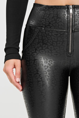 Black Leopard Print Faux Leather Leggings – High Waist, Full Length – view 4