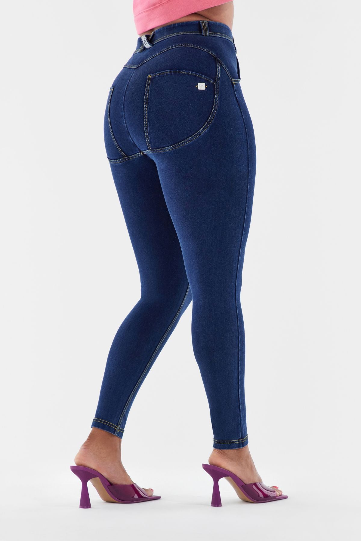 Dark Denim Hourglass Fit Shaping Jeans – Mid Rise, Full Length, Yellow Stitch – view 2