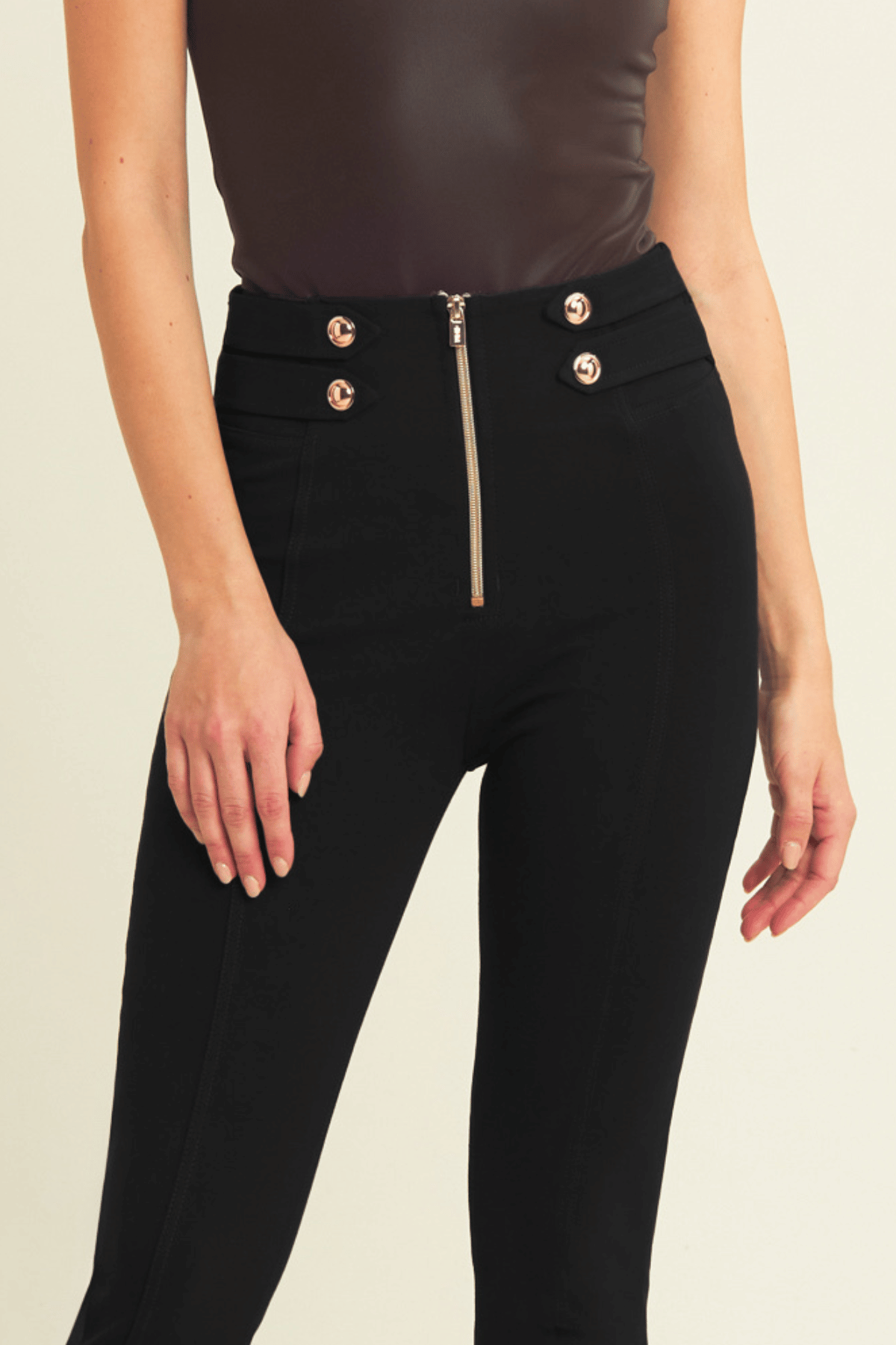 Black Military Button Skinny Trousers – High Waist, Ankle Length