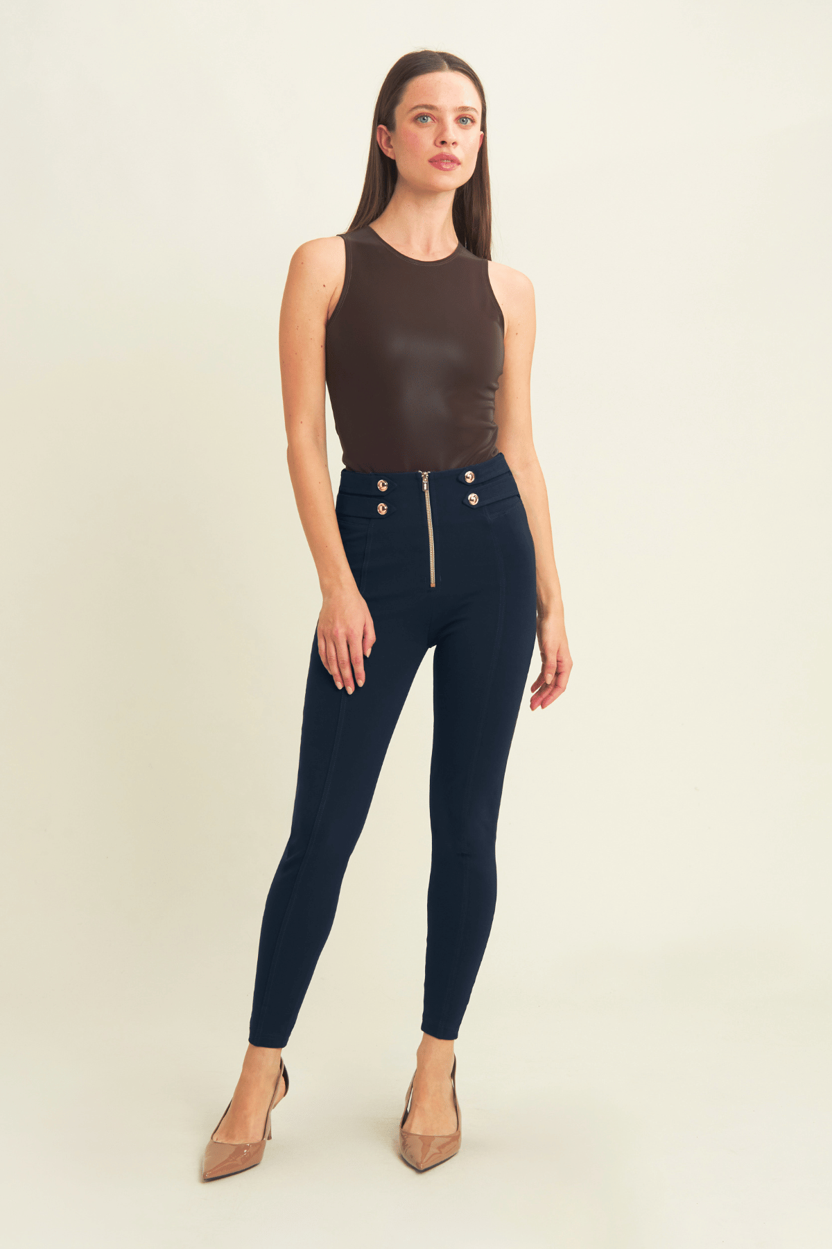 Navy Military Button Skinny Trousers – High Waist, Ankle Length