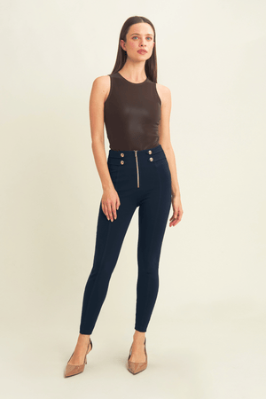 Navy Military Button Skinny Trousers – High Waist, Ankle Length