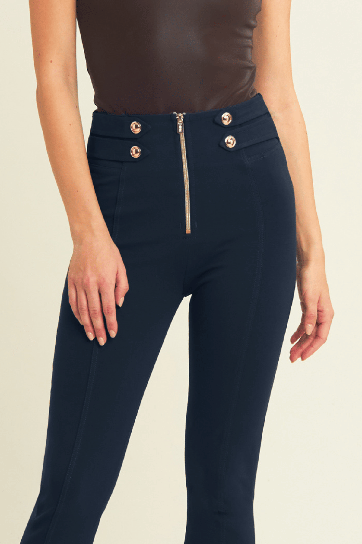 Navy Military Button Skinny Trousers – High Waist, Ankle Length