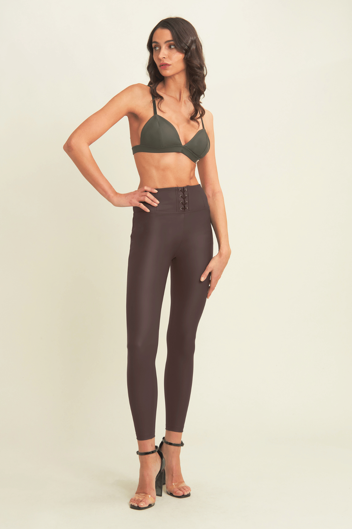 Chocolate Brown Lace-Up Faux Leather Trousers – High Waist, Ankle Length – view 3
