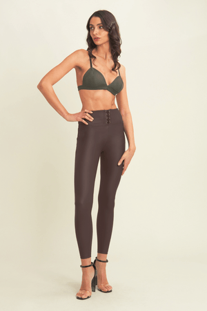 Chocolate Brown Lace-Up Faux Leather Trousers – High Waist, Ankle Length – view 3