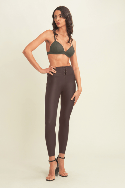 Lace Up Front Detail Leather High Waist Chocolate Brown Ankle Length
