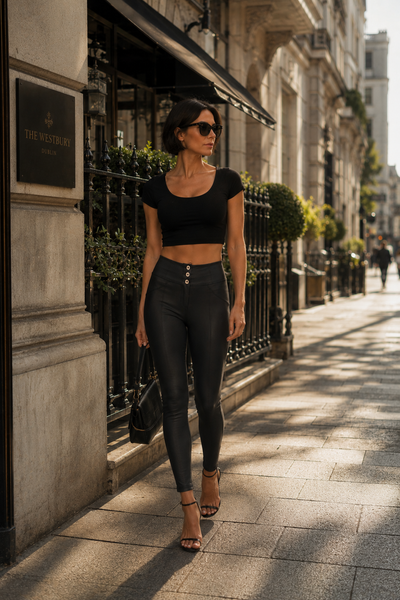 Faux Leather 3 Button High Waist Full Length