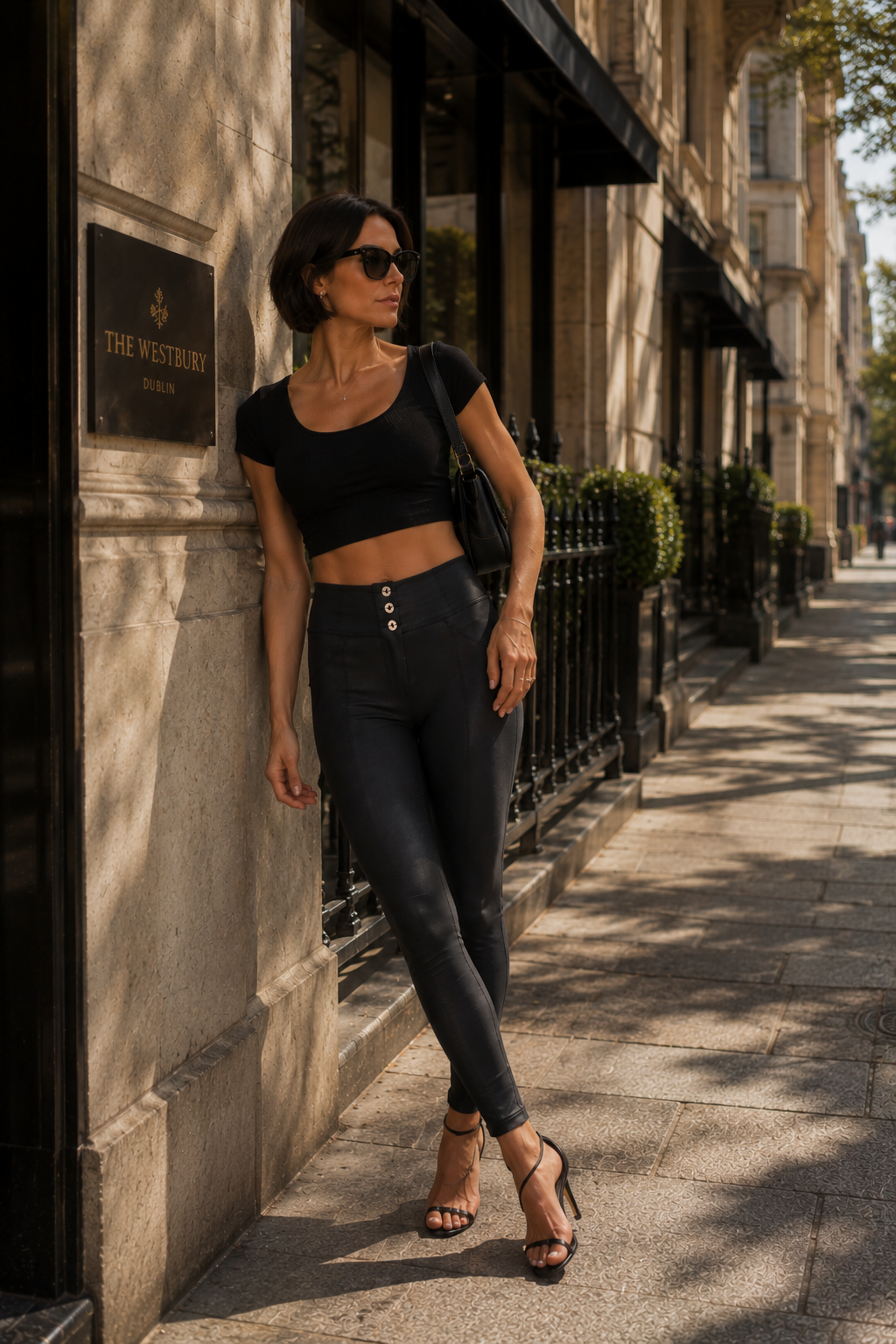 Black 3 Button Faux Leather Trousers – High Waist, Full Length – view 2
