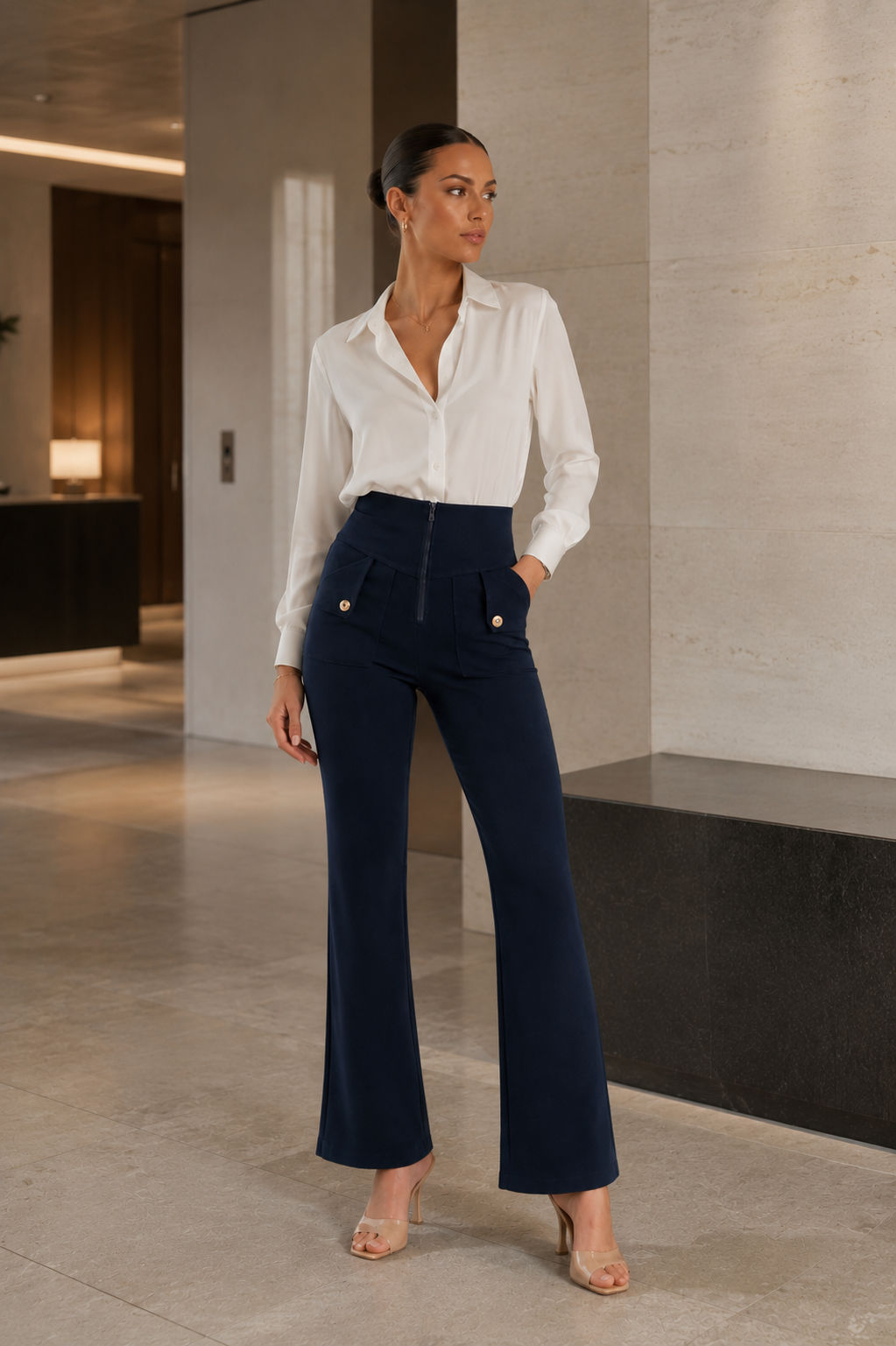 Navy Cropped Wide Leg Trousers – High Waist