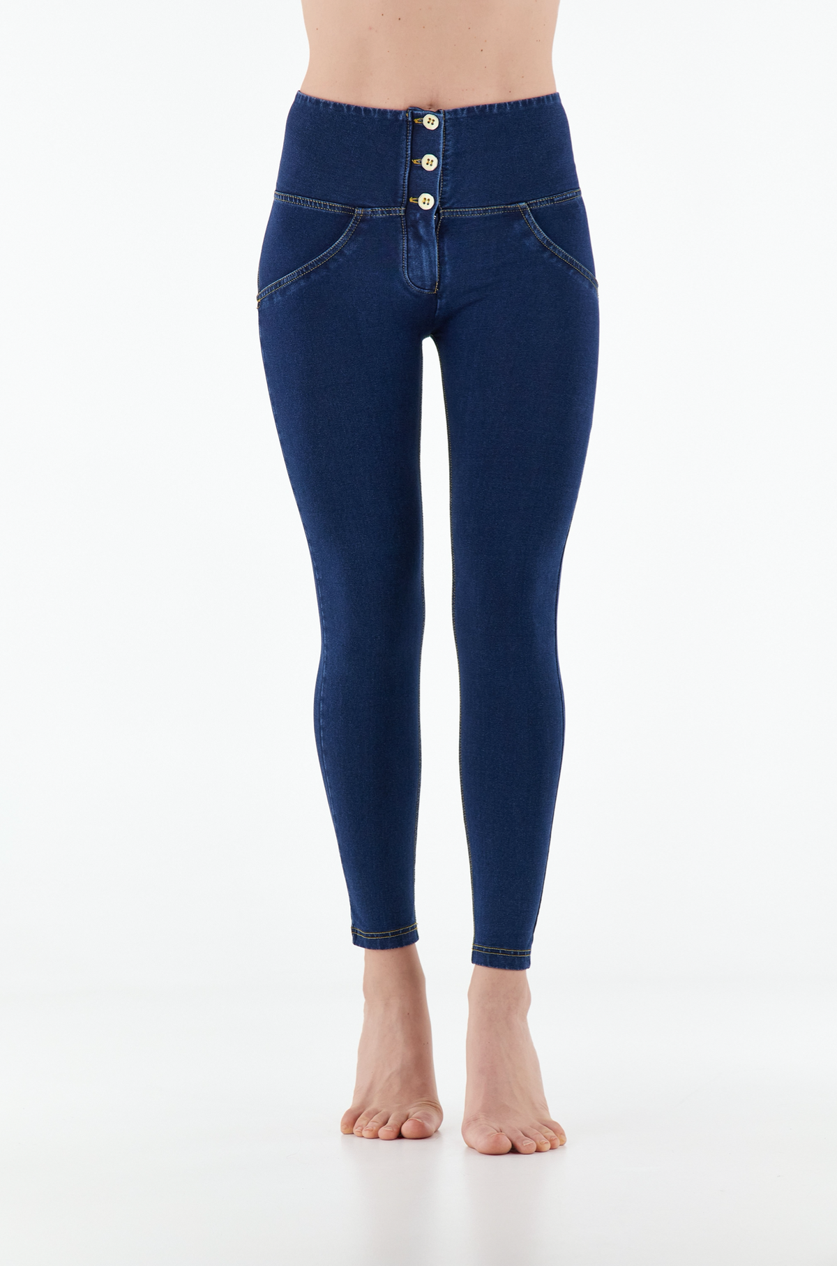 Dark Denim 3 Button Shaping Jeans – High Waist, Ankle Length, Yellow Stitch – view 4